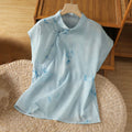 Buddha Stones Light Blue Frog-Button Sleeveless Women's Shirt
