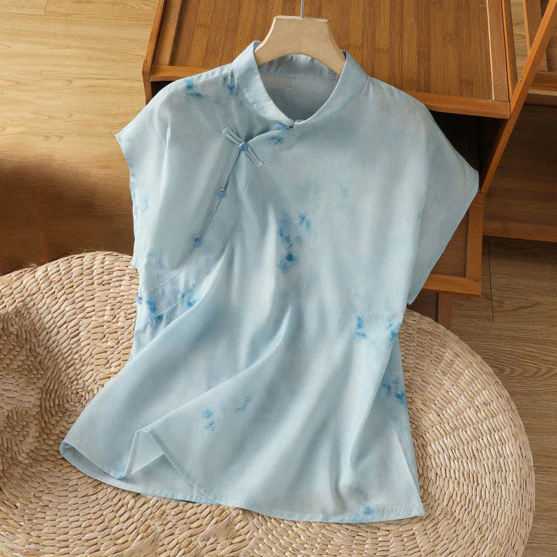 Buddha Stones Light Blue Frog-Button Sleeveless Women's Shirt