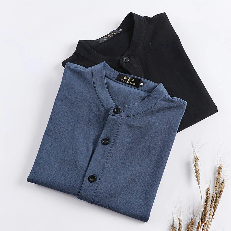 Buddha Stones Simple Solid Color Half Buttons Men's Long Sleeve Cotton Shirt