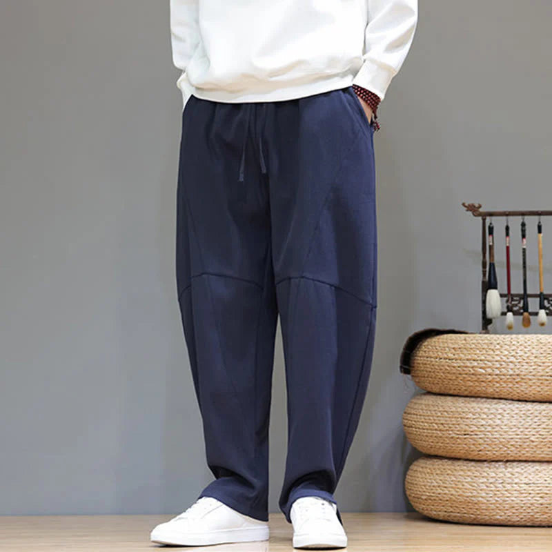 Buddha Stones Winter Solid Color Fleece-lined Men's Cotton Linen Pants With Pockets