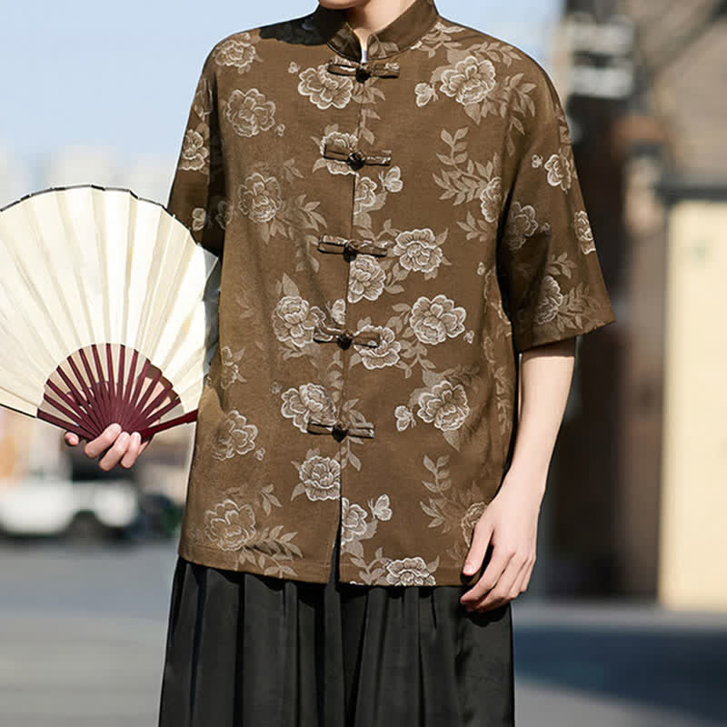 Buddha Stones Retro Frog Buttons Mandarin Collar Floral Jacquard Men's Short Sleeve Shirt