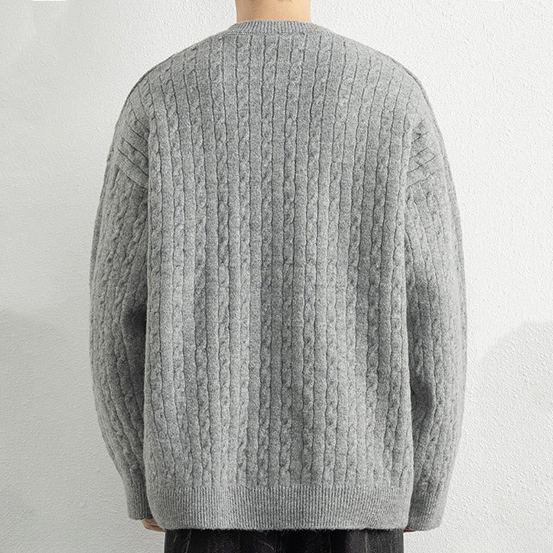 Buddha Stones Winter Crew Neck Three Buttons Twisted Design Warm Men's Long Sleeve Knitted Sweater