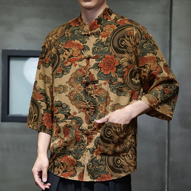 Buddha Stones Spring Frog-Button Dragon Mountain Flower Three Quarter Sleeve Tang Suit Men's Shirt With Pockets