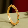 Buddha Stones Hollow Design Copper Plated Gold Flower Luck Bracelet Bangle