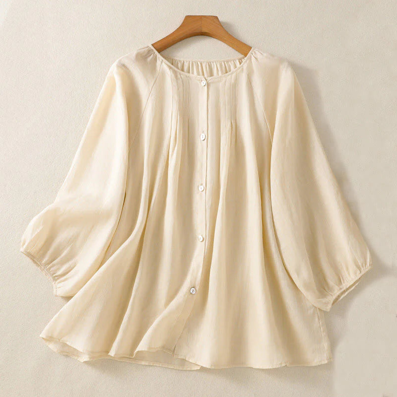 Buddha Stones Plain Button Crew Neck Three Quarter Sleeve Women's Cotton Shirt