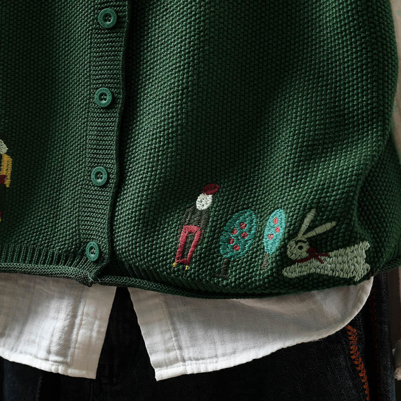 Buddha Stones Figure Rabbit Tree Embroidery Buttons Women's Sleeveless Cotton Knitted Vest Waistcoat