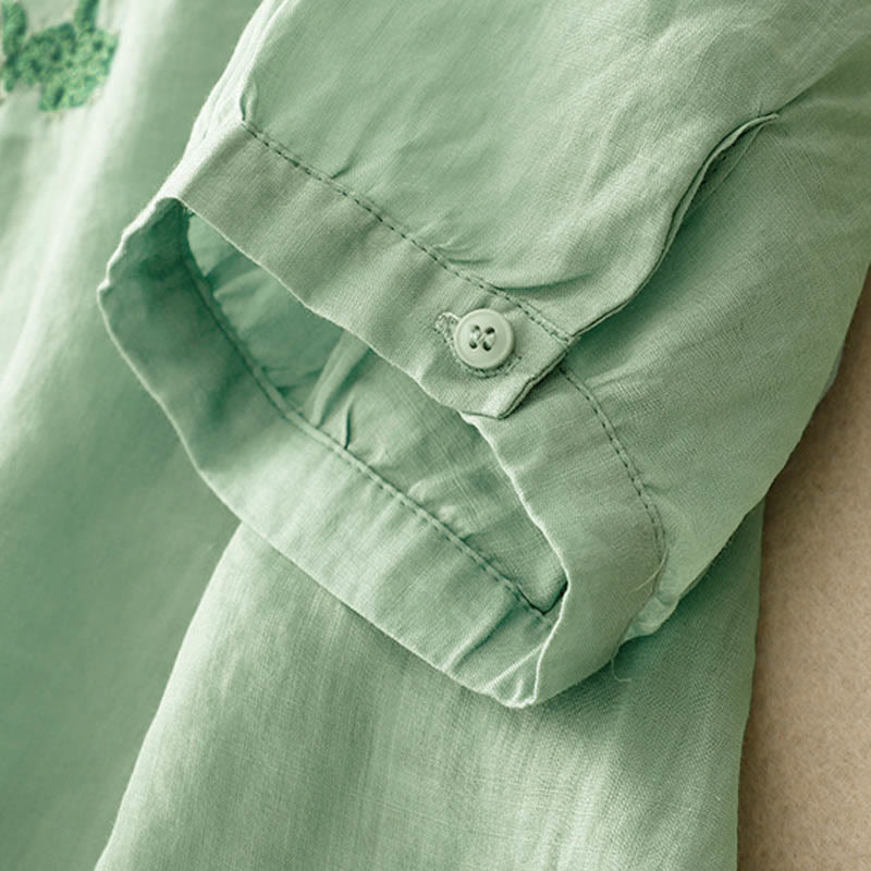 Buddha Stones Casual Women's Plain Frog Buckle Design Half Sleeve Shirt