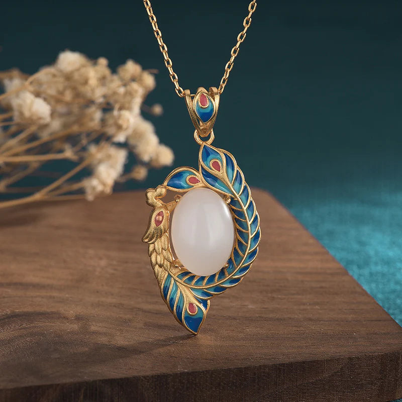 Buddha Stones White Jade Peacock Copper Blessing Necklace Pendant