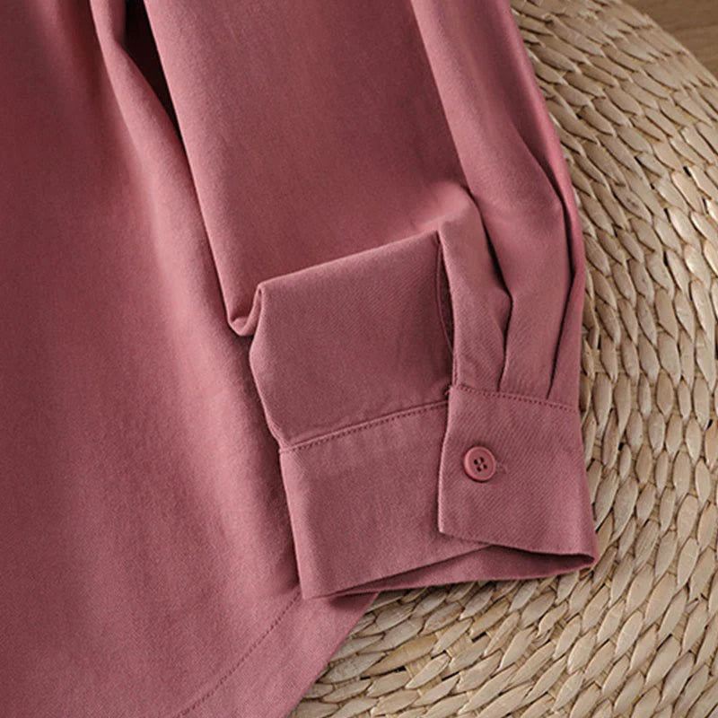 Buddha Stones Spring Plain Lapel Long Sleeve Women's Cotton Shirt With Pockets