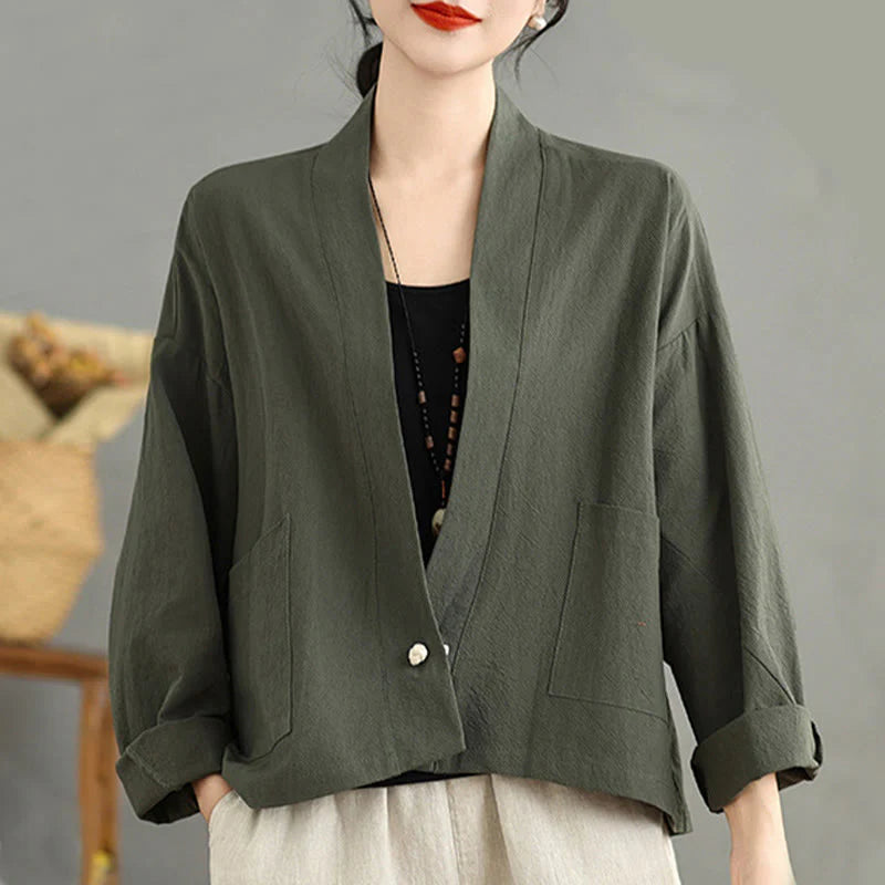 Buddha Stones Casual Vintage Plain Long Sleeve Open Front Cardigan Cotton Linen Jacket With Pockets