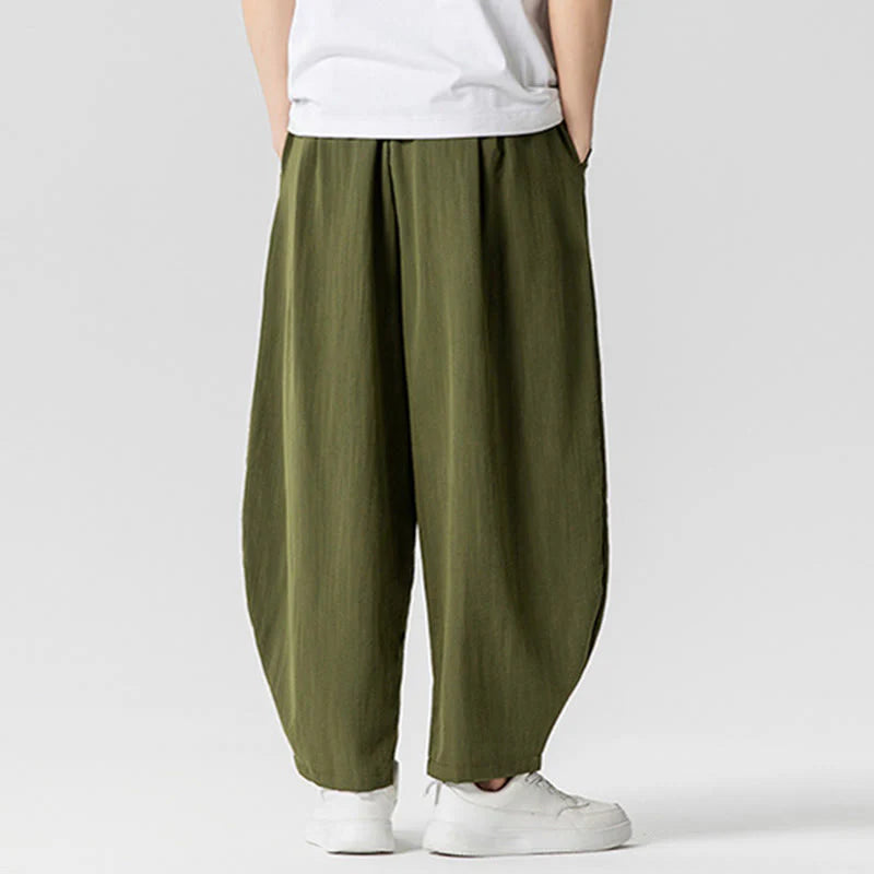 Buddha Stones Summer Pure Color Drawstring Men's Cotton Ankle-Length Pants With Pockets