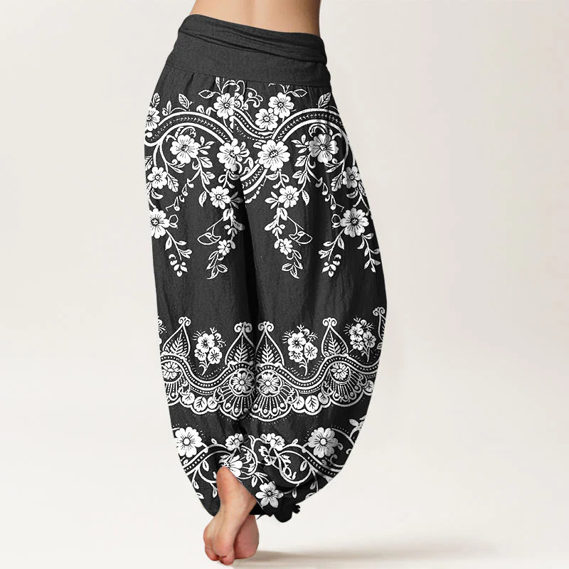 Buddha Stones Cotton Traditional Flower Vine Leaf Pattern Women's Elastic Waist Harem Pants