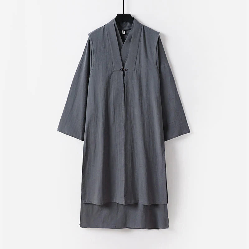 Buddha Stones 2Pcs Wudang Fall Solid Long Sleeve Men's Taoist Long Robe Sleeveless Vest Lace-up Kimono Ceremony Suit