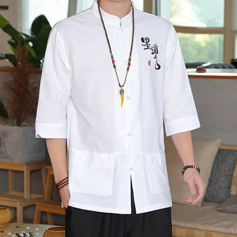 Buddha Stones Frog-Button Chinese Tang Suit Three Quarter Sleeve Cotton Linen Men's Shirt
