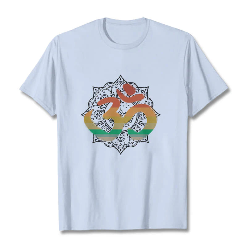 Buddha Stones Gradient-colored Om Sanskrit Mandala Background Pattern Cotton Tee T-shirt