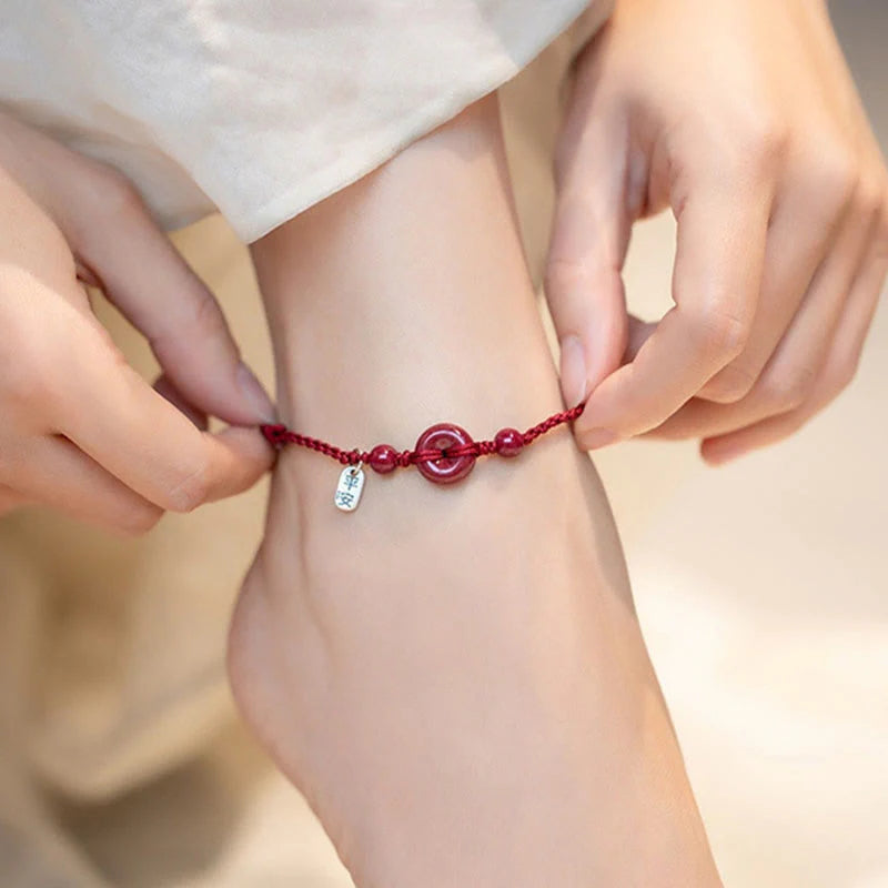 Buddha Stones Handmade Cinnabar Peace Buckle Safe and Healthy Charm Blessing String Bracelet Anklet