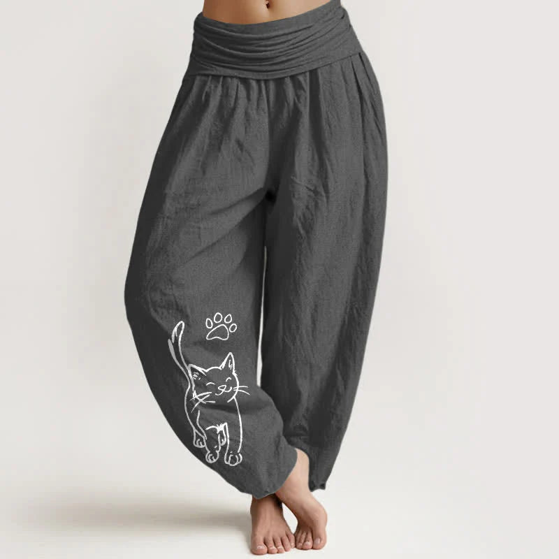 Buddha Stones Pure Cotton Cute Cat Print Women's Harem Elastic Waist Pants
