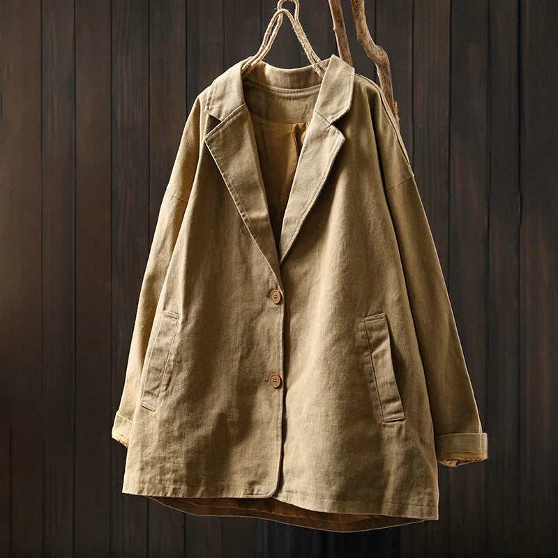 Buddha Stones Spring Fall Buttons Lapel Collar Long Sleeve Mid-length Cotton Women's Jacket With Pockets
