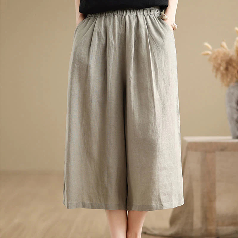 Buddha Stones Summer Solid Color Patchwork Simple Design Women's Cotton Wide Leg Cropped Pants With Pockets
