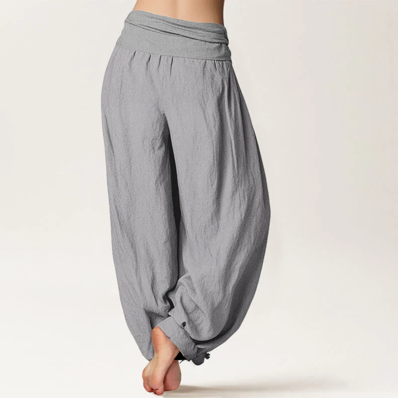 Buddha Stones Pure Cotton LightGrey Women's Elastic Waist Harem Pants