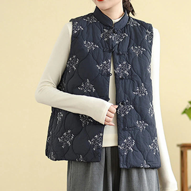Buddha Stones Embroidered Frog-Button Women's Sleeveless Cotton Vest Waistcoat With Pockets