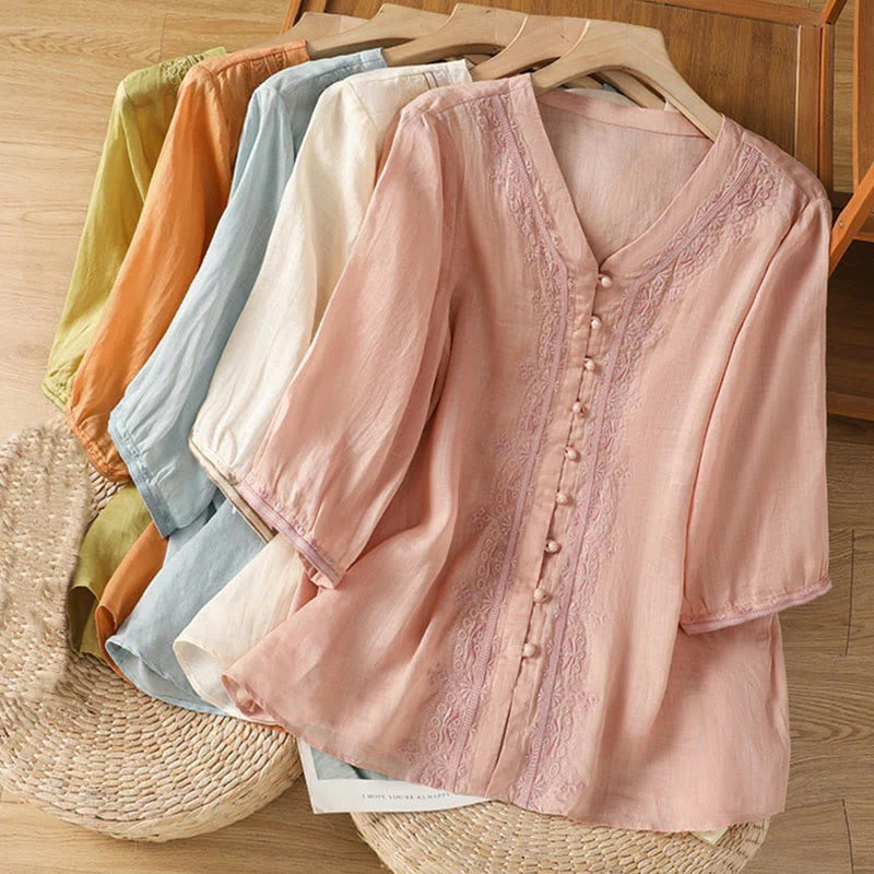 Buddha Stones Casual Embroidery Frog-Button Polyester Half Sleeve Women's V-neck Shirt