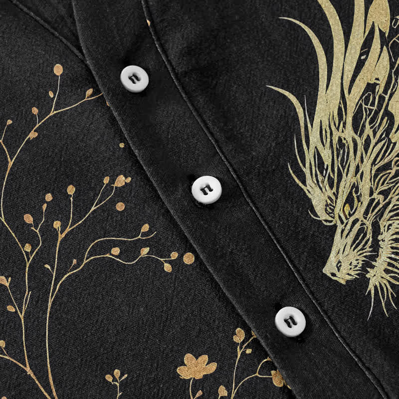 Buddha Stones Cotton Wave Dragon Flower Pattern Men's Short Sleeve Half Button Shirt