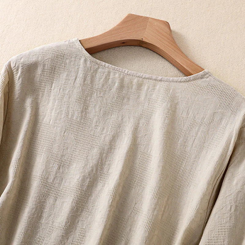 Buddha Stones Jacquard Irregular Hem Pleated Design Women's Cotton Long Sleeve Shirt