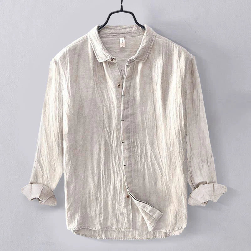 Buddha Stones Men's Shirt Solid Color Lapel Top Long Sleeve Comfy Button Crease Cotton Linen Shirt