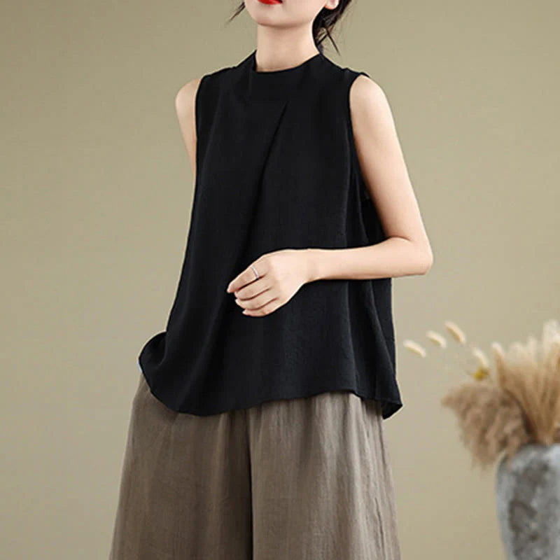 Buddha Stones Casual Plain Back Buttom Design Stand Collar Cotton Linen Women's Sleeveless Vest