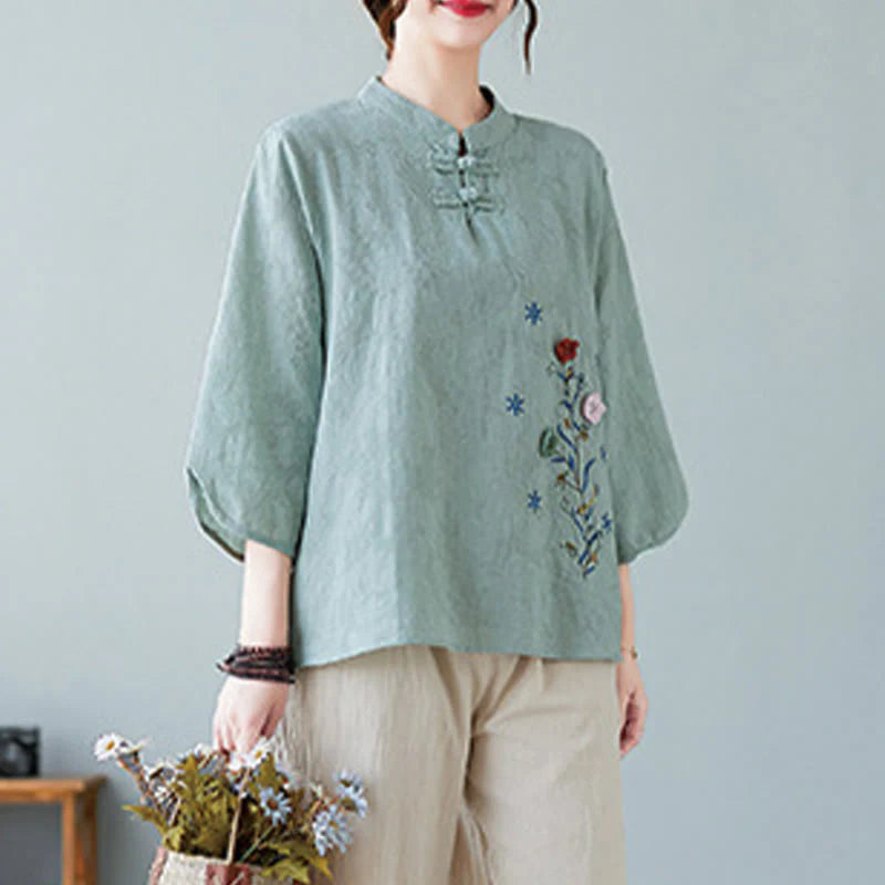 Buddha Stones Vintage Summer Stereoscopic Flower Embroidery Three Quarter Sleeve Frog-Button Cotton Linen Women's Shirt