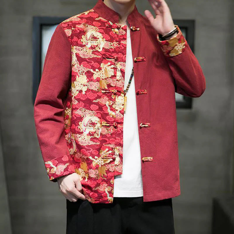 Buddha Stones Printed Color Contrast Dragon Pattern Frog-button Long Sleeve Men's Cotton Jacket