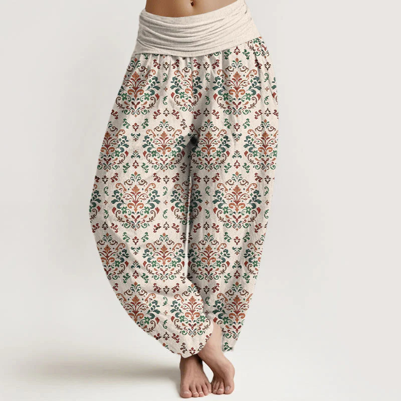Buddha Stones Pure Cotton Retro Symmetrical Flower Leaf Pattern Women's Elastic Waist Harem Pants
