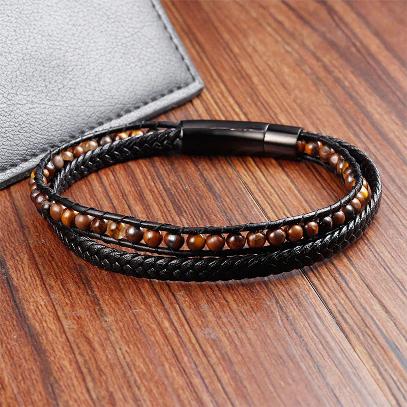 Buddha Stones Tiger Eye Titanium Steel Protection Strengthen Leather Bracelet