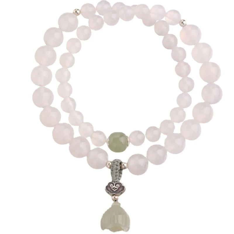 Buddha Stones White Agate Jade Lotus Protection Bracelet