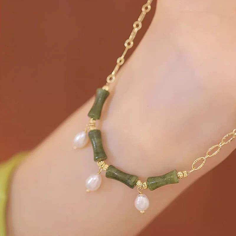 Buddha Stones Tianshan Jade Bamboo Pearl Abundance Wealth Necklace Pendant