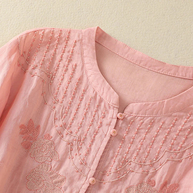 Buddha Stones Rose Floral Embroidery Button Half Sleeve Women's Cotton Shirt