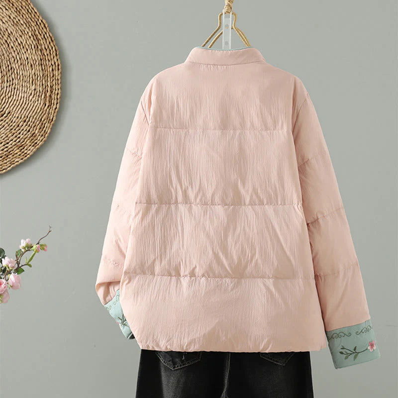 Buddha Stones Peach Blossom Embroidery Frog-Button Long Sleeve Thermal Women's Jacket With Pockets