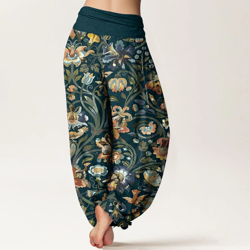 Buddha Stones Cotton Retro Flowers Vines Bird Pattern Women's Elastic Waist Harem Pants