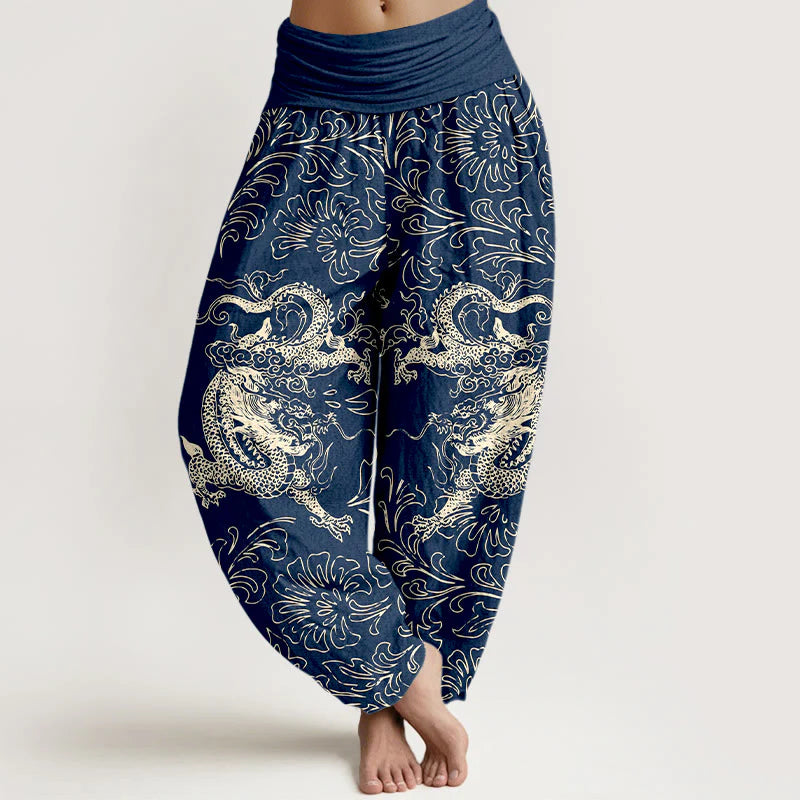 Buddha Stones Pure Cotton Dragon Floral Women's Elastic Waist Harem Pants