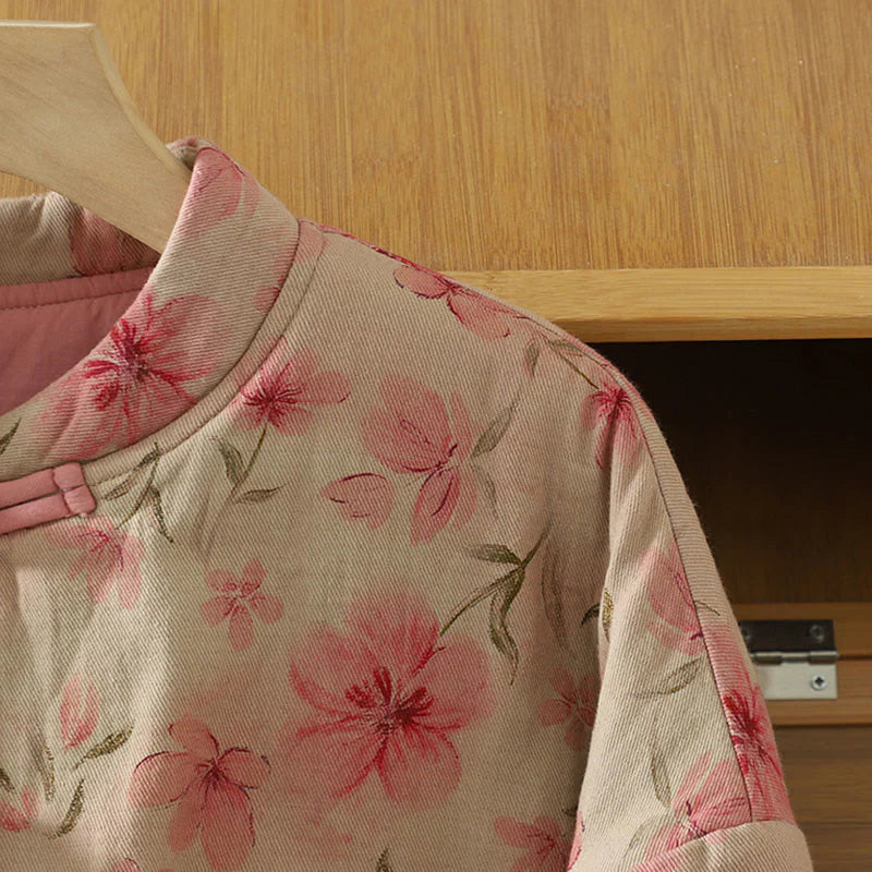 Buddha Stones Frog-button Flower Pattern Crew Neck Thickened Long Sleeve Women's Coat