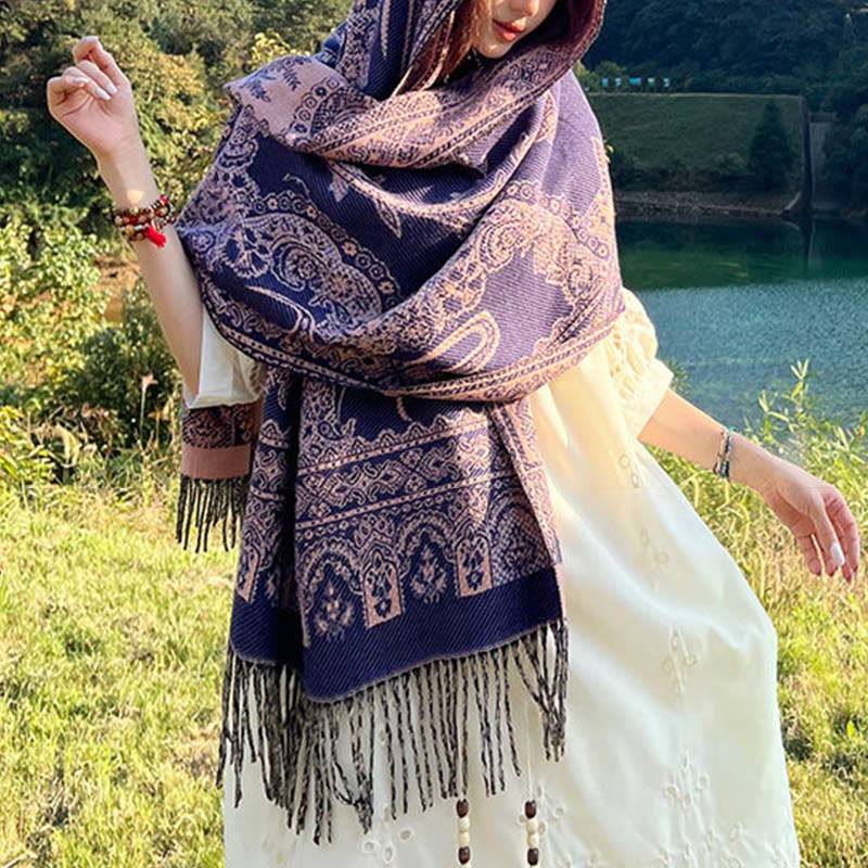 Buddha Stones Jacquard Ethnic Paisley Plants Pattern Tassel Soft Thermal Scarf Shawl