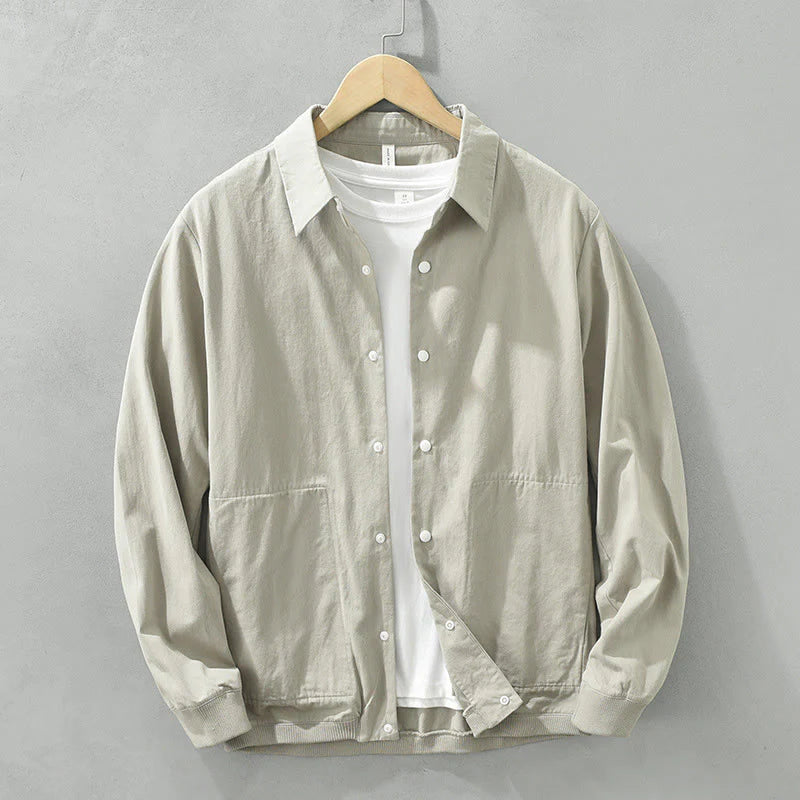 Buddha Stones Simple Solid Color Buttons Down Men's Stand Collar Long Sleeve Cotton Shirt