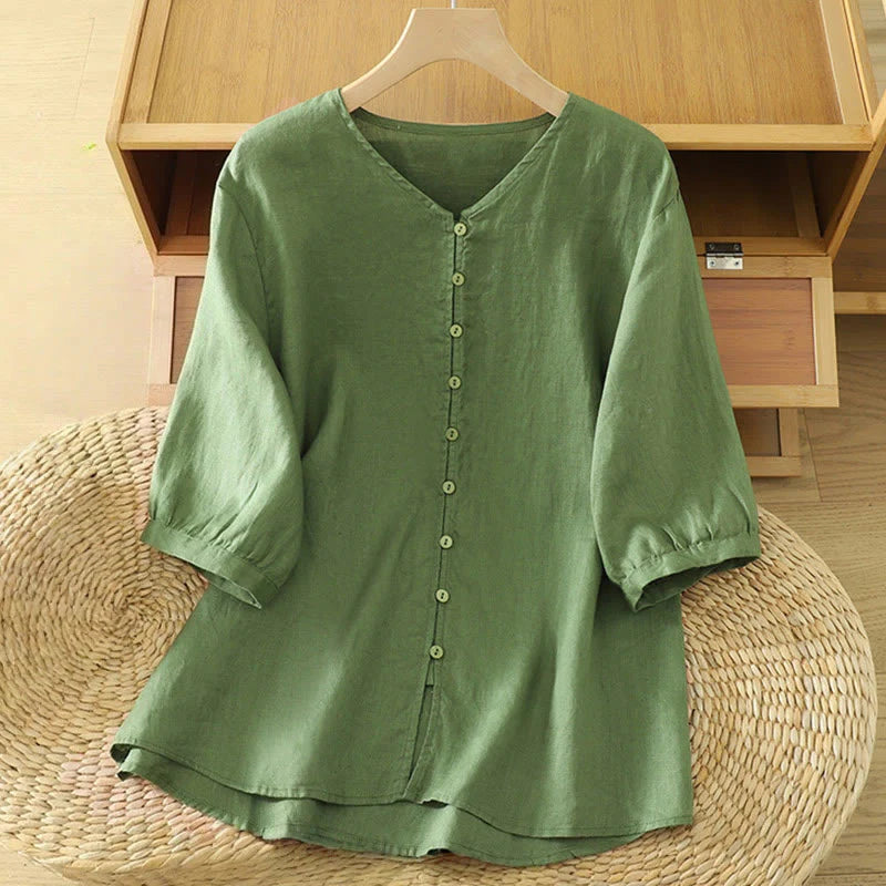 Buddha Stones Solid Buttons V-Neck Half Sleeve Women's Shirt