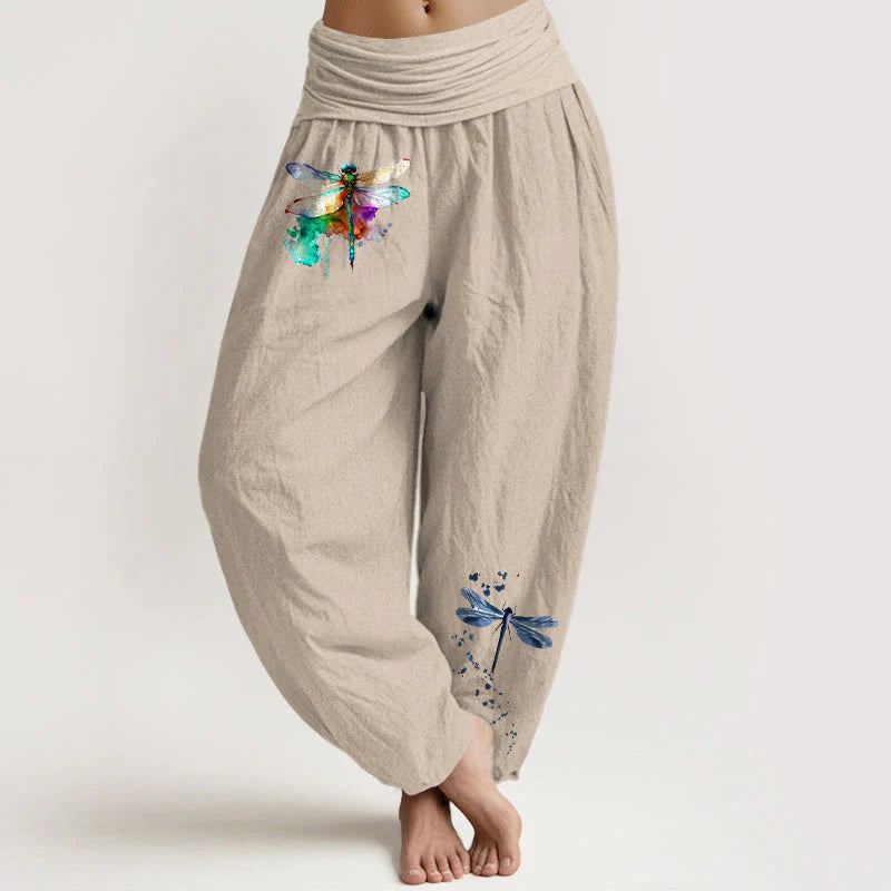 Buddha Stones Pure Cotton Dreamy Dragonfly Pattern Women's Elastic Waist Harem Pants