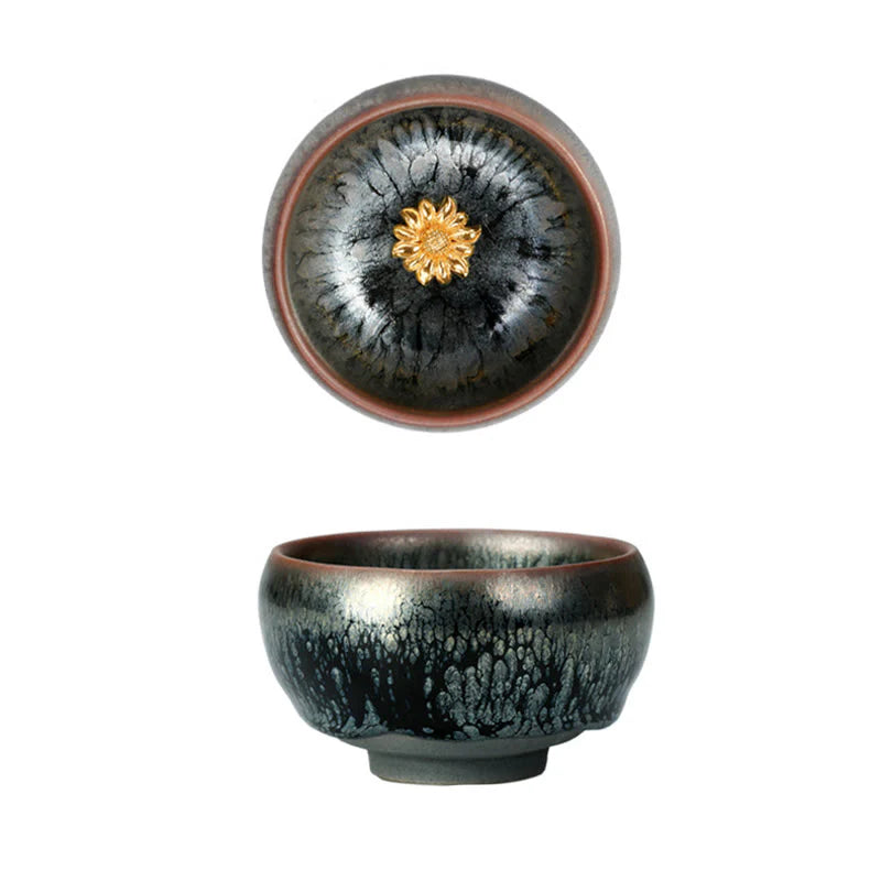 Buddha Stones 24K Gold Inlaid Sunflower Chinese Jianzhan Glaze Kiln Change Ceramic Teacup Tenmoku Kung Fu Tea Cup (Extra 35% Off | USE CODE: FS35)