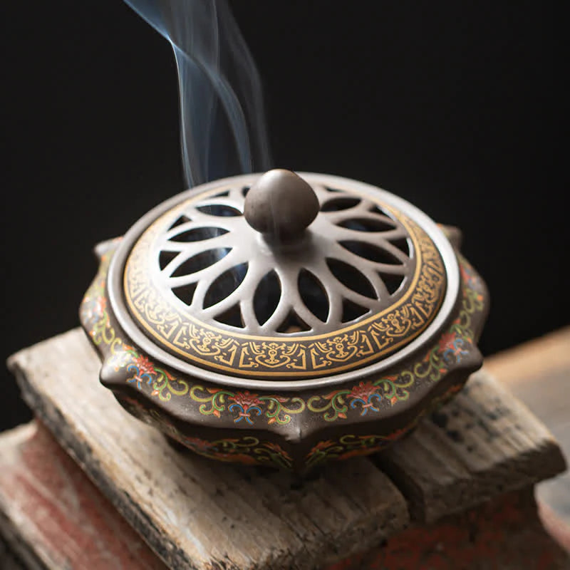 Buddha Stones Tibetan Floral Pattern Ceramic Blessing Incense Burner Decoration (Extra 35% Off | USE CODE: FS35)