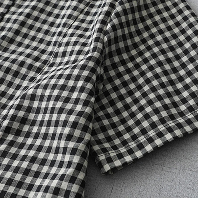 Buddha Stones Casual Vintage Plaid Pattern Lapel Short Sleeve Cotton Midi Dress With Pockets