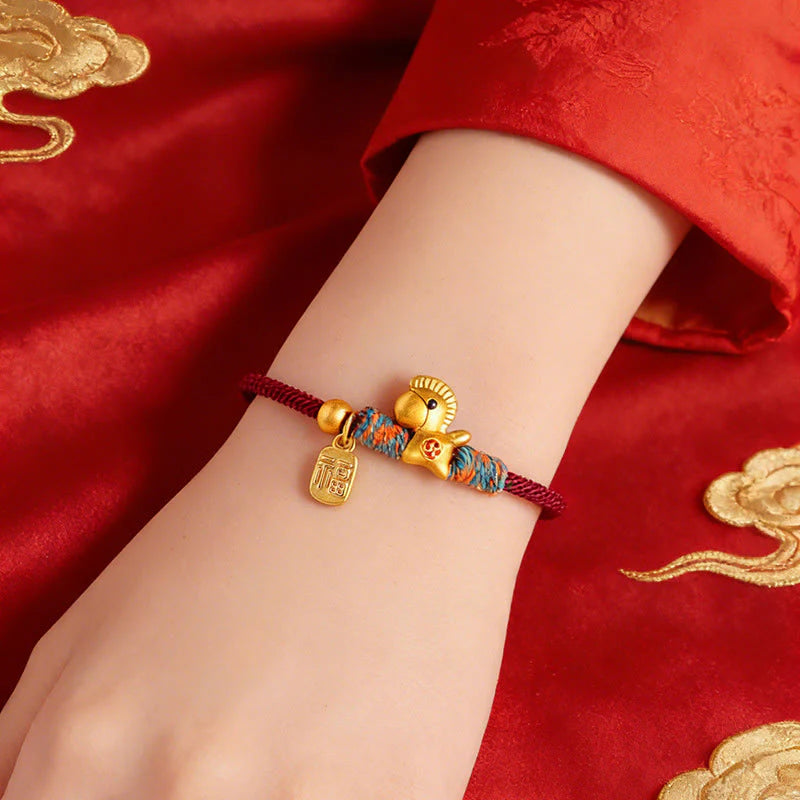Buddha Stones 999 Sterling Silver Year of the Horse Fu Character Charm Braided String Faith Bracelet