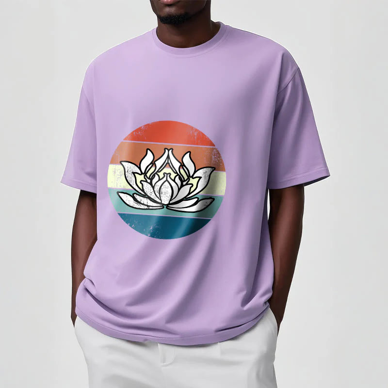 Buddha Stones Blooming Lotus Colorful Striped Pattern Cotton Tee T-shirt